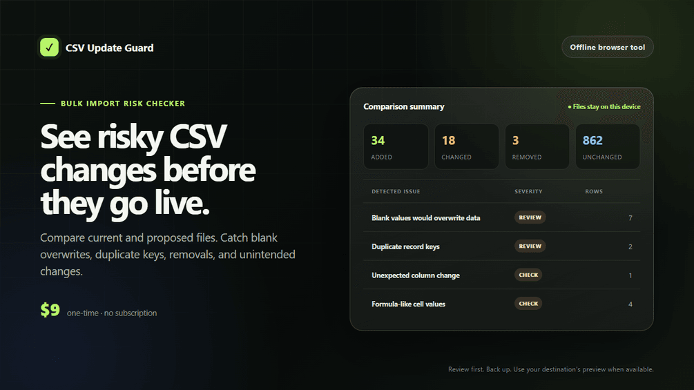 CSV Update Guard showing a comparison summary and detected import risks