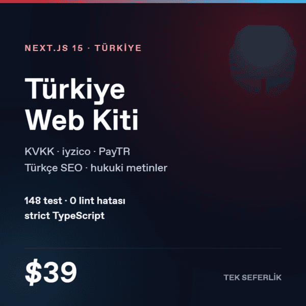 Türkiye Web Kiti; KVKK, iyzico, PayTR ve Türkçe SEO özelliklerini gösteren ürün kapağı