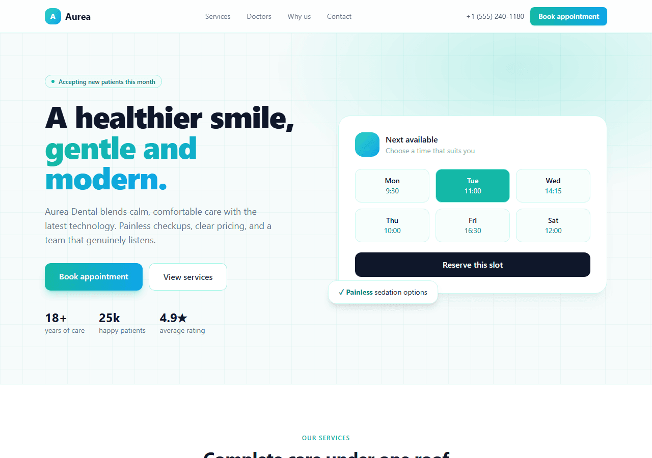 Dental Clinic — Next.js + Tailwind template preview