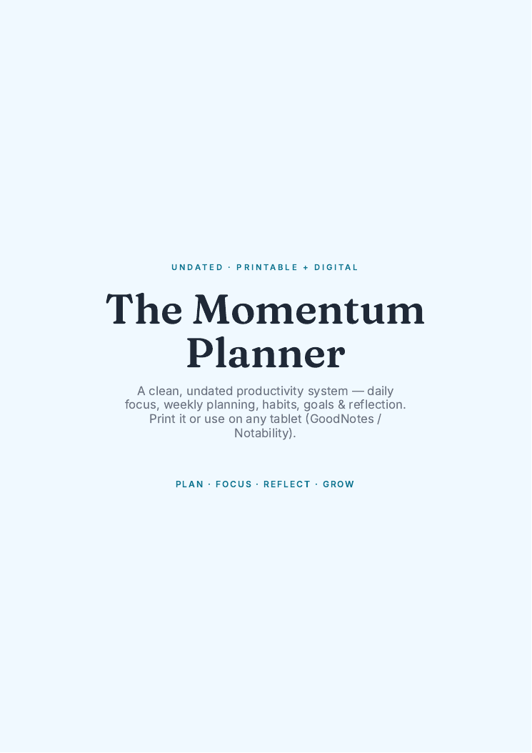 Actual Gumroad product cover for The Momentum Planner — Undated Productivity Printable