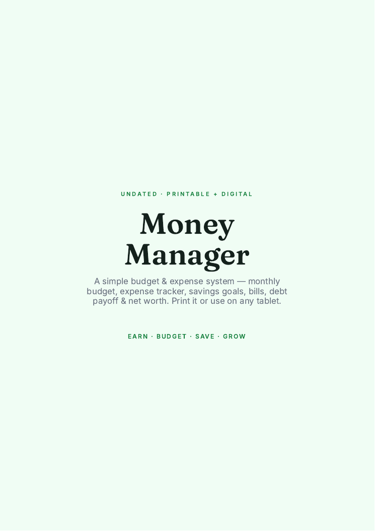 Actual Gumroad product cover for Money Manager — Printable Budget & Expense Tracker