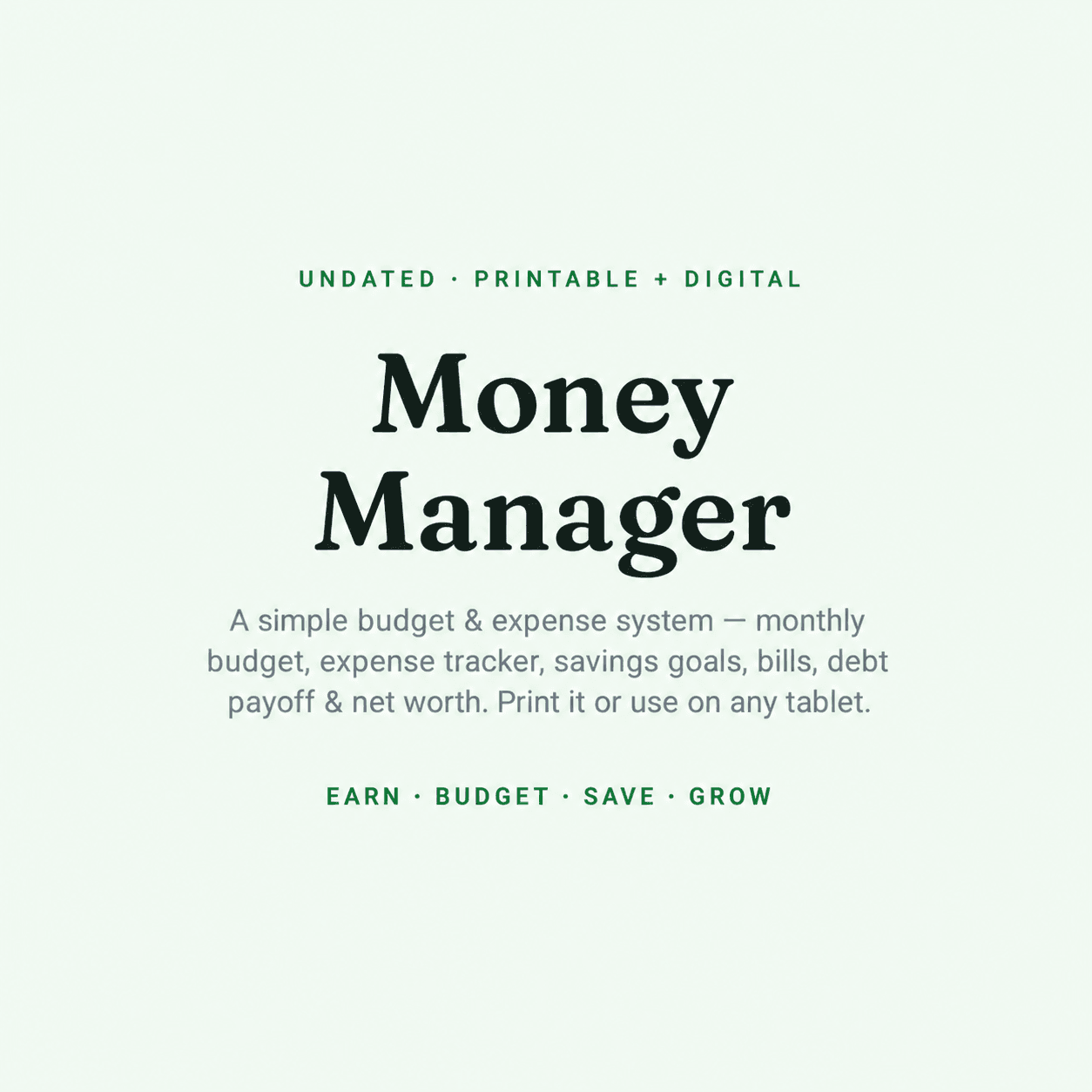 Money Manager — Printable Budget & Expense Tracker printable planner cover